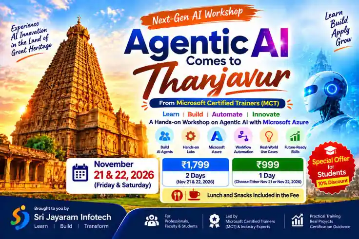 Next-Gen AI Workshop: Agentic AI Comes to Thanjavur. A hands-on workshop on Agentic AI with Microsoft Azure. Click to register or scan the QR code.